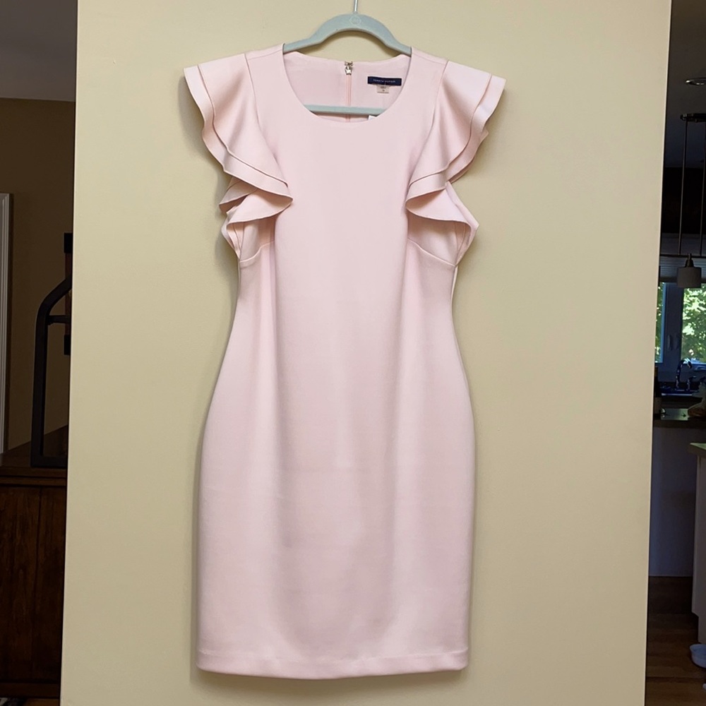 Soft pink dress with flowing short sleeves.